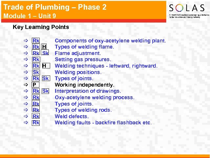 Trade of Plumbing – Phase 2 Module 1 – Unit 9 Key Learning Points