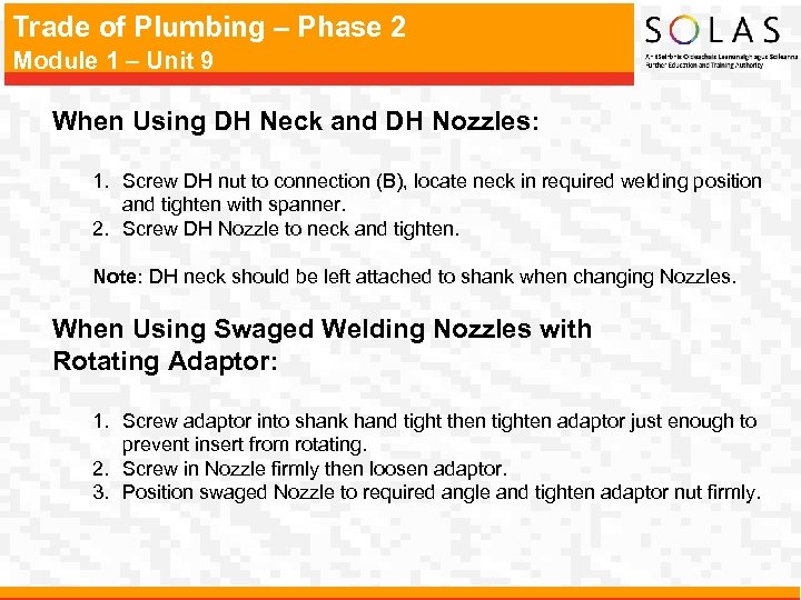 Trade of Plumbing – Phase 2 Module 1 – Unit 9 When Using DH
