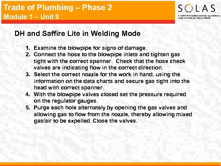 Trade of Plumbing – Phase 2 Module 1 – Unit 9 DH and Saffire