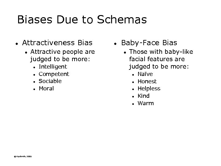 Biases Due to Schemas l Attractiveness Bias l Attractive people are judged to be