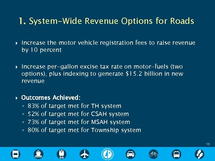 1. System-Wide Revenue Options for Roads Increase the motor vehicle registration fees to raise
