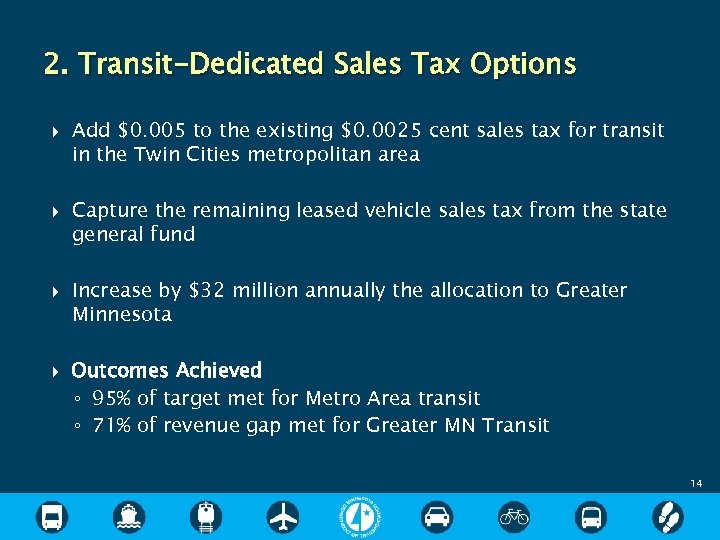 2. Transit-Dedicated Sales Tax Options Add $0. 005 to the existing $0. 0025 cent