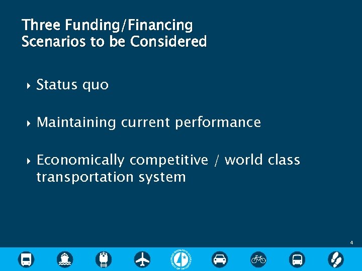 Three Funding/Financing Scenarios to be Considered Status quo Maintaining current performance Economically competitive /