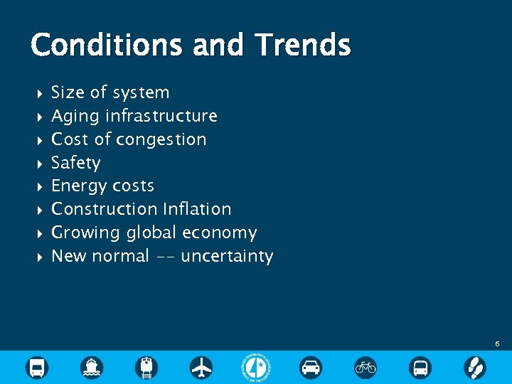 Conditions and Trends Size of system Aging infrastructure Cost of congestion Safety Energy costs