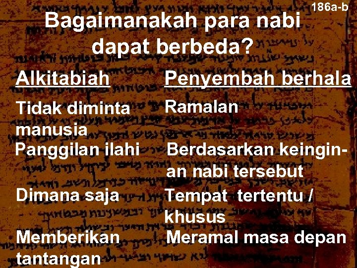 Bagaimanakah para nabi dapat berbeda? 186 a-b Alkitabiah Penyembah berhala Tidak diminta manusia Panggilan
