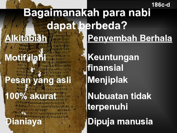 Bagaimanakah para nabi dapat berbeda? 186 c-d Alkitabiah Penyembah Berhala Motif ilahi Keuntungan finansial