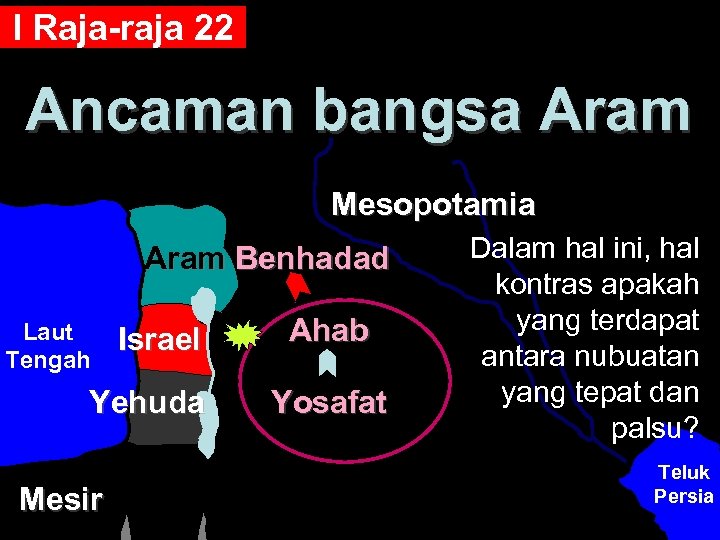 I Raja-raja 22 Ancaman bangsa Aram Mesopotamia Aram Benhadad Laut Tengah Israel Yehuda Mesir