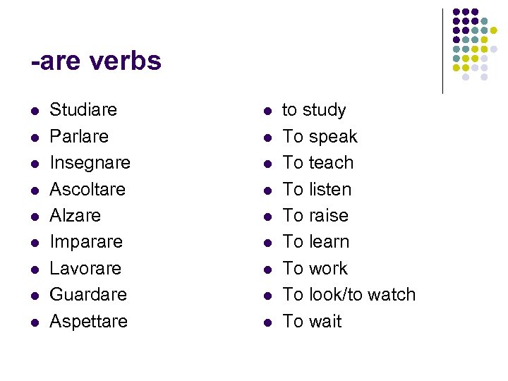 -are verbs l l l l l Studiare Parlare Insegnare Ascoltare Alzare Imparare Lavorare