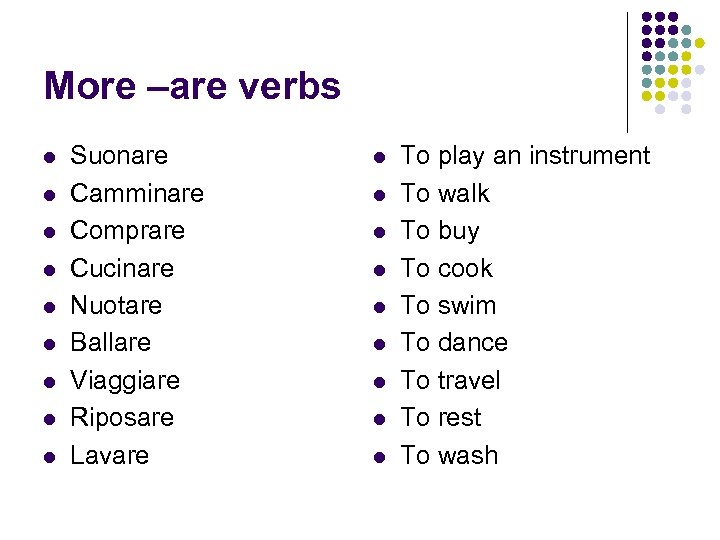More –are verbs l l l l l Suonare Camminare Comprare Cucinare Nuotare Ballare
