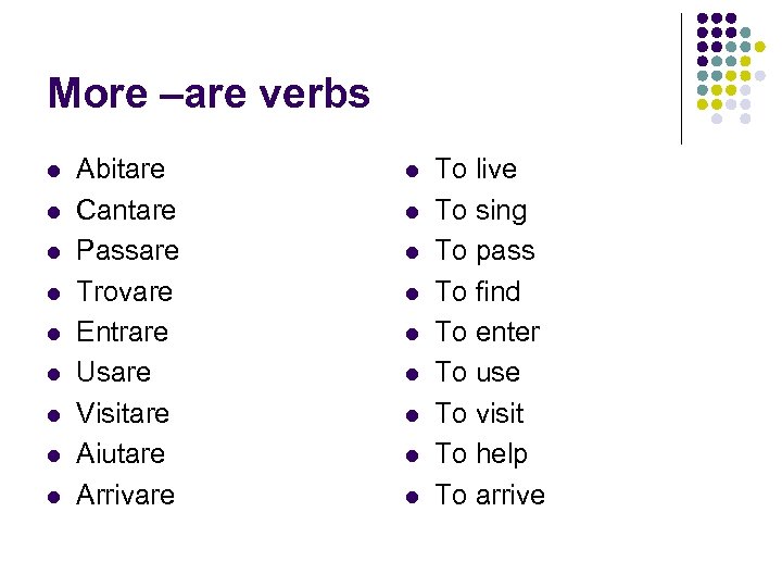 More –are verbs l l l l l Abitare Cantare Passare Trovare Entrare Usare