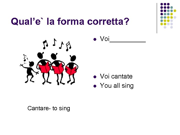 Qual’e` la forma corretta? l Voi_____ l Voi cantate You all sing l Cantare-