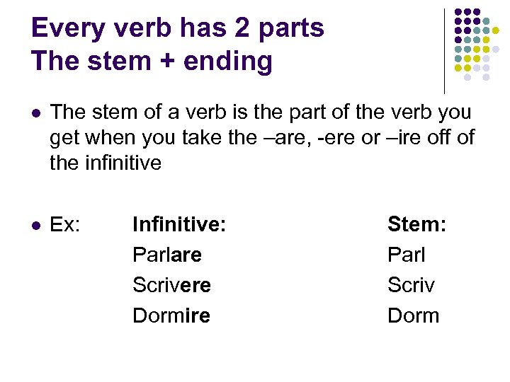 Every verb has 2 parts The stem + ending l The stem of a