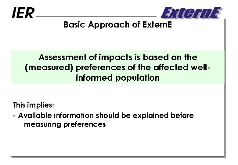 Basic Approach of Extern. E Assessment of impacts is based on the (measured) preferences