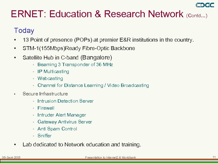 ERNET: Education & Research Network (Contd…) Today • 13 Point of presence (POPs) at