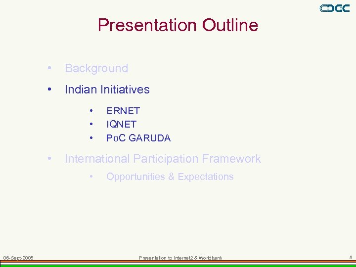 Presentation Outline • Background • Indian Initiatives • • International Participation Framework • 06