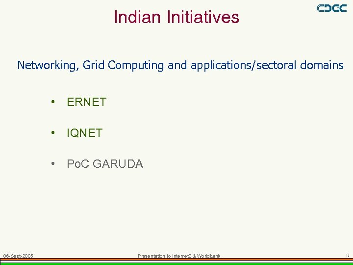 Indian Initiatives Networking, Grid Computing and applications/sectoral domains • ERNET • IQNET • Po.