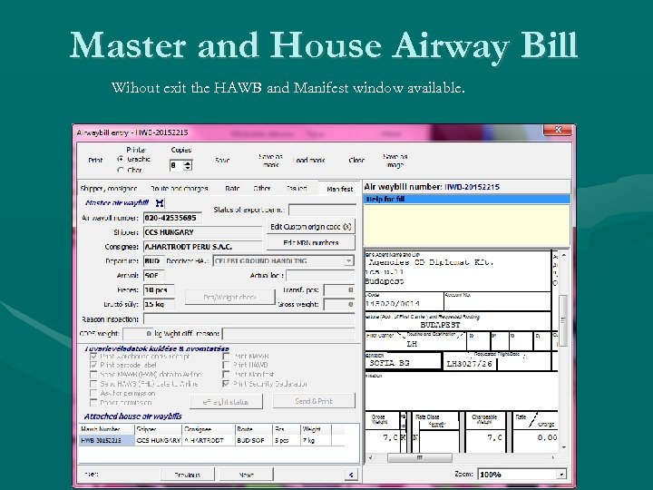 Master and House Airway Bill Wihout exit the HAWB and Manifest window available. 
