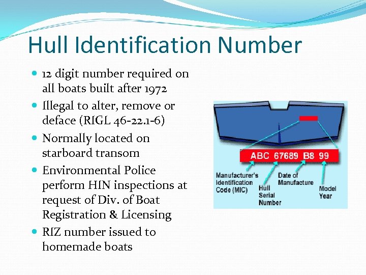 Hull Identification Number 12 digit number required on all boats built after 1972 Illegal