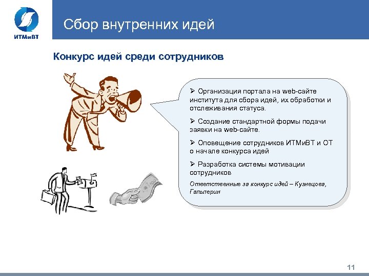 Сбор внутренних идей Конкурс идей среди сотрудников Ø Организация портала на web-сайте института для