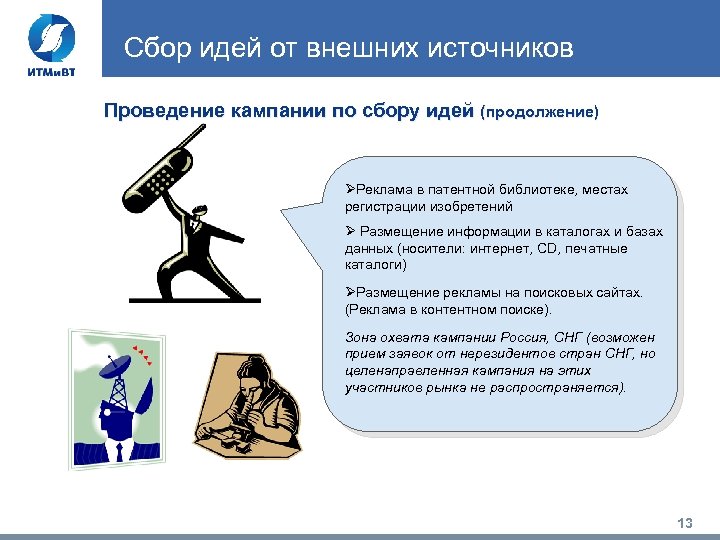 Сбор идей от внешних источников Проведение кампании по сбору идей (продолжение) ØРеклама в патентной