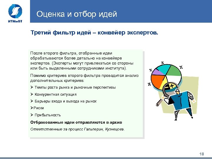 Оценка и отбор идей Третий фильтр идей – конвейер экспертов. После второго фильтра, отобранные