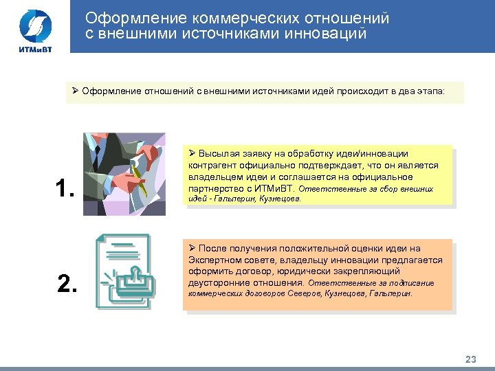 Оформление коммерческих отношений с внешними источниками инноваций Ø Оформление отношений с внешними источниками идей