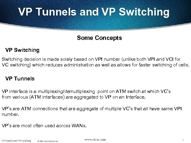 VP Tunnels and VP Switching Some Concepts VP Switching decision is made solely based