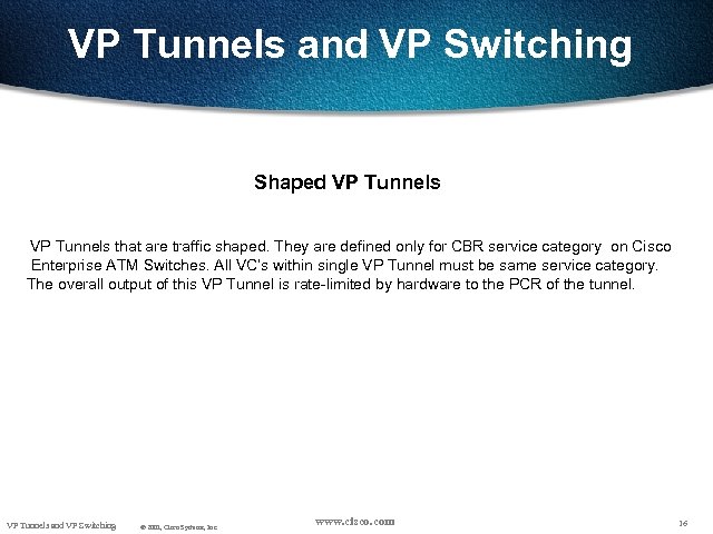 VP Tunnels and VP Switching Shaped VP Tunnels that are traffic shaped. They are