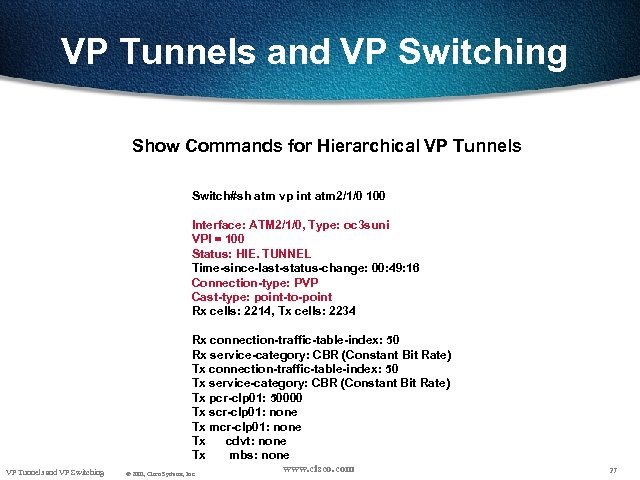 VP Tunnels and VP Switching Show Commands for Hierarchical VP Tunnels Switch#sh atm vp