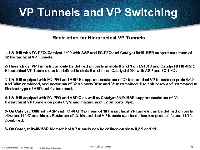 VP Tunnels and VP Switching Restriction for Hierarchical VP Tunnels 1 - LS 1010