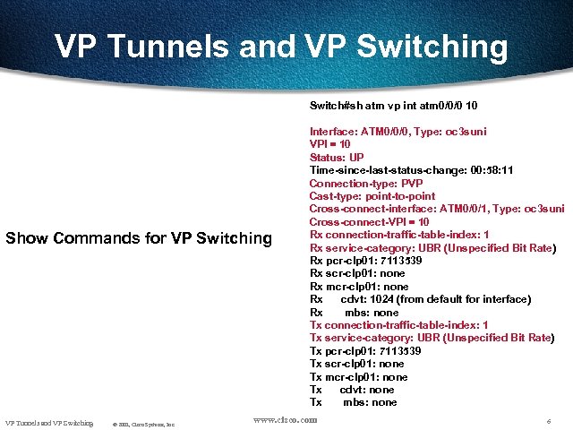 VP Tunnels and VP Switching Switch#sh atm vp int atm 0/0/0 10 Show Commands