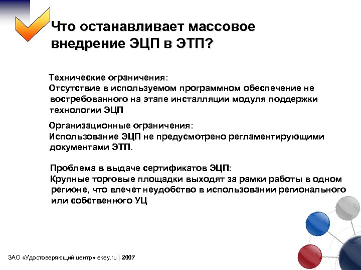 Что останавливает массовое внедрение ЭЦП в ЭТП? Технические ограничения: Отсутствие в используемом программном обеспечение