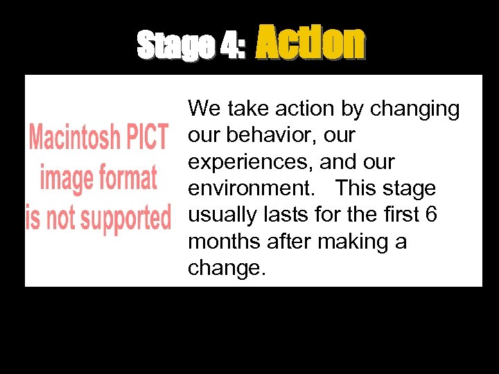 Stage 4: Action We take action by changing our behavior, our experiences, and our