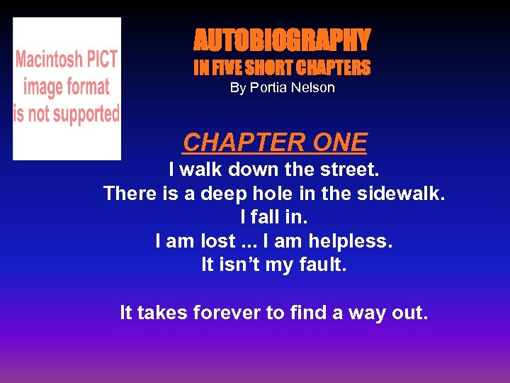 AUTOBIOGRAPHY IN FIVE SHORT CHAPTERS By Portia Nelson CHAPTER ONE I walk down the