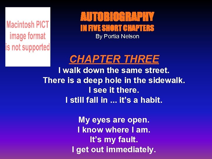 AUTOBIOGRAPHY IN FIVE SHORT CHAPTERS By Portia Nelson CHAPTER THREE I walk down the