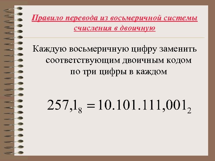 Правило перевода из восьмеричной системы счисления в двоичную Каждую восьмеричную цифру заменить соответствующим двоичным