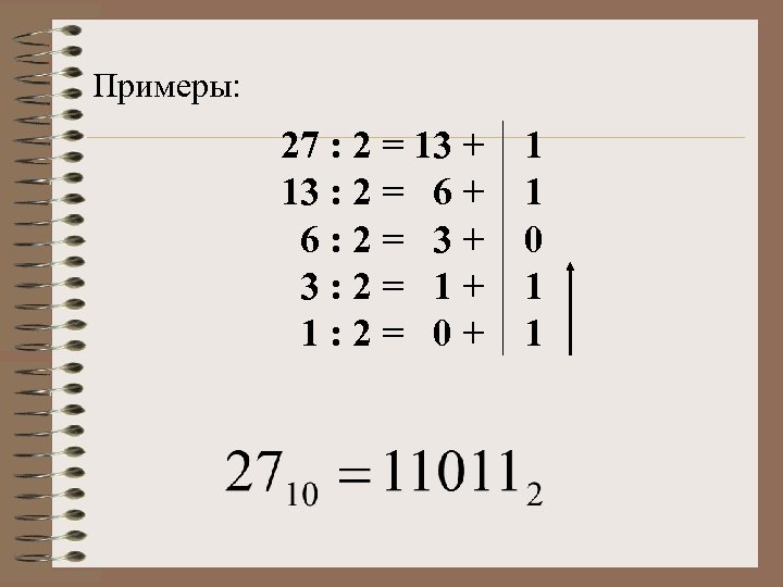 Примеры: 27 : 2 = 13 + 1 13 : 2 = 6 +