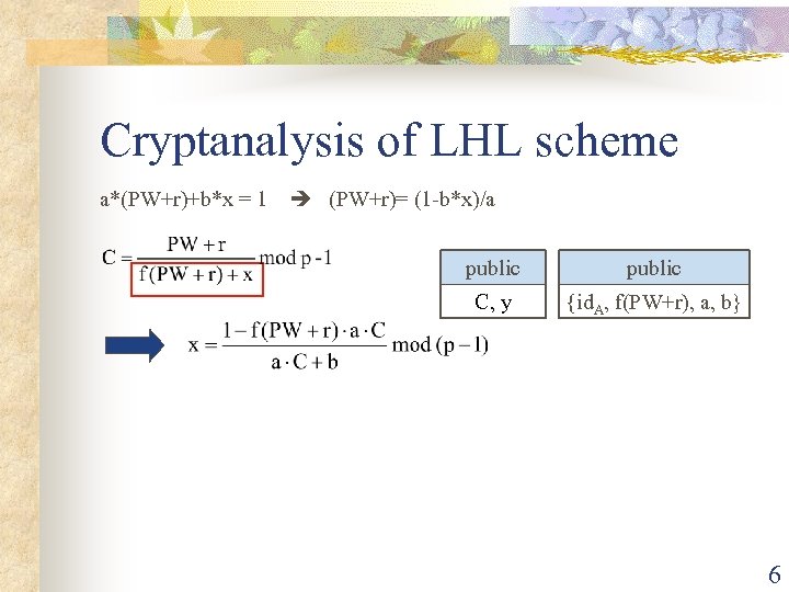 Cryptanalysis of LHL scheme a*(PW+r)+b*x = 1 (PW+r)= (1 -b*x)/a public C, y {id.