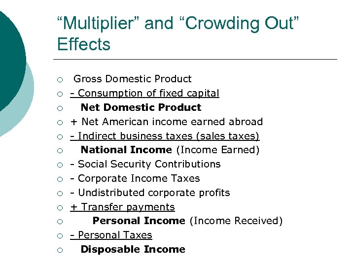 “Multiplier” and “Crowding Out” Effects ¡ ¡ ¡ ¡ Gross Domestic Product - Consumption