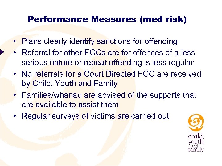 Performance Measures (med risk) • Plans clearly identify sanctions for offending • Referral for