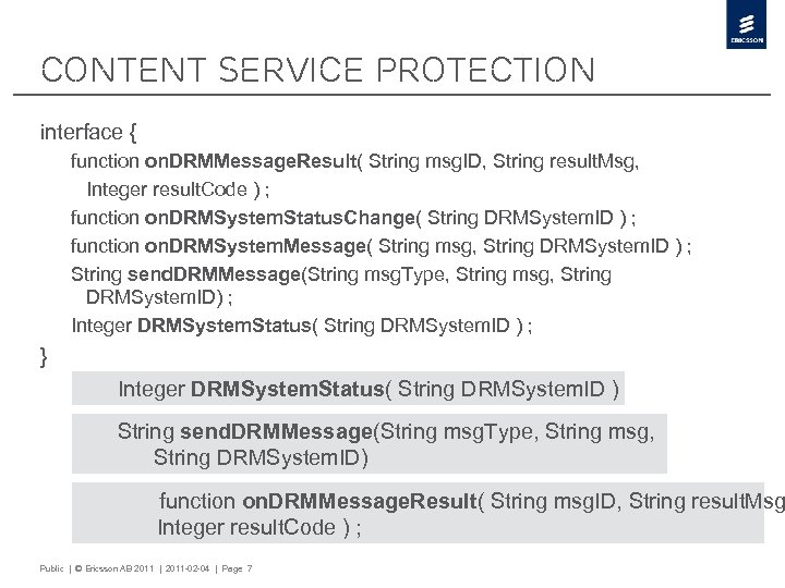 Content Service Protection interface { function on. DRMMessage. Result( String msg. ID, String result.