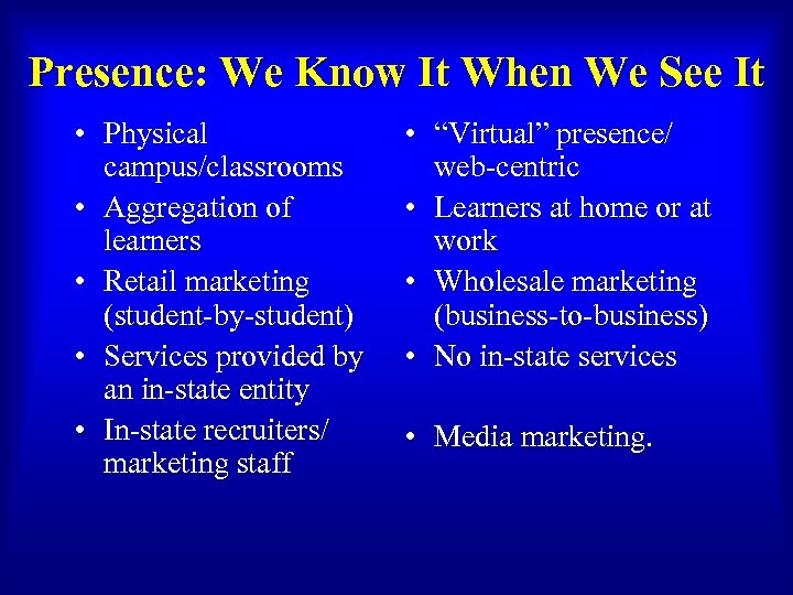 Presence: We Know It When We See It • Physical campus/classrooms • Aggregation of