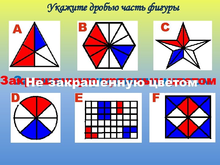 Укажите дробью часть фигуры А B C Закрашенную краснымцветом Закрашенную синим цветом Не закрашенную