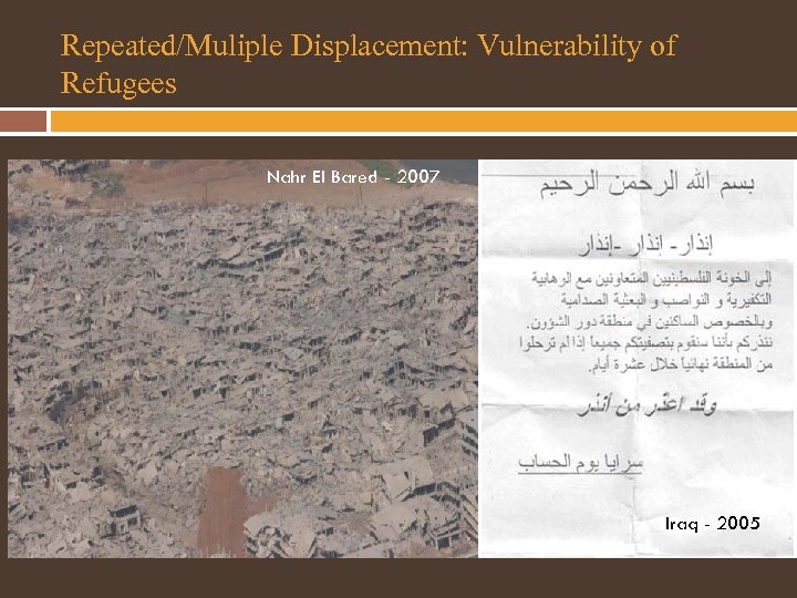 Repeated/Muliple Displacement: Vulnerability of Refugees Nahr El Bared - 2007 Iraq - 2005 