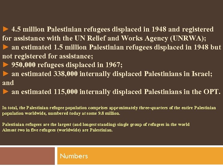 ► 4. 5 million Palestinian refugees displaced in 1948 and registered for assistance with