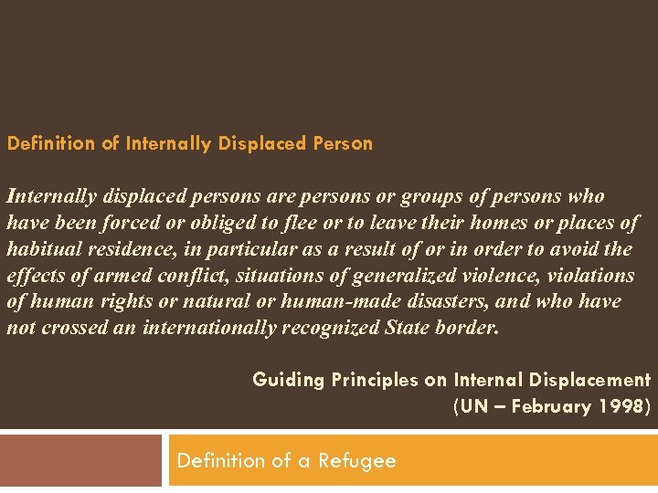 Definition of Internally Displaced Person Internally displaced persons are persons or groups of persons