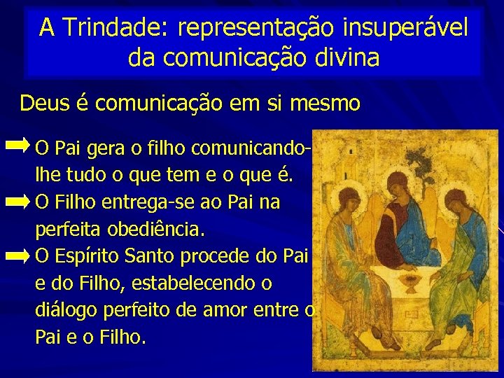 A Trindade: representação insuperável da comunicação divina Deus é comunicação em si mesmo O