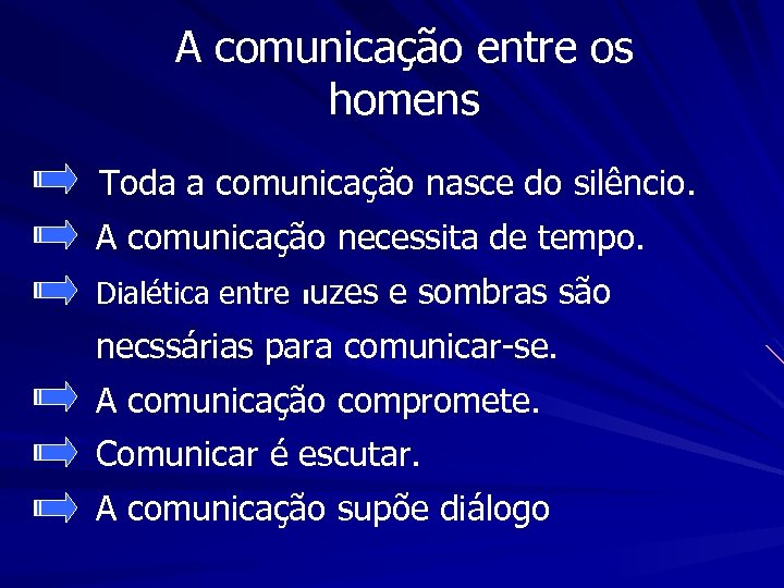 A comunicação entre os homens Toda a comunicação nasce do silêncio. A comunicação necessita