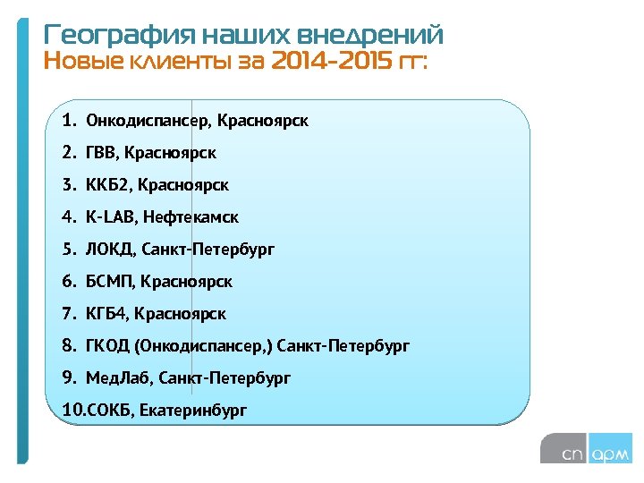 География наших внедрений Новые клиенты за 2014 -2015 гг: 1. Онкодиспансер, Красноярск 2. ГВВ,