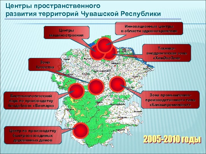 Центры пространственного развития территорий Чувашской Республики Центры машиностроения Зона Качества Биотехнологический парк по производству